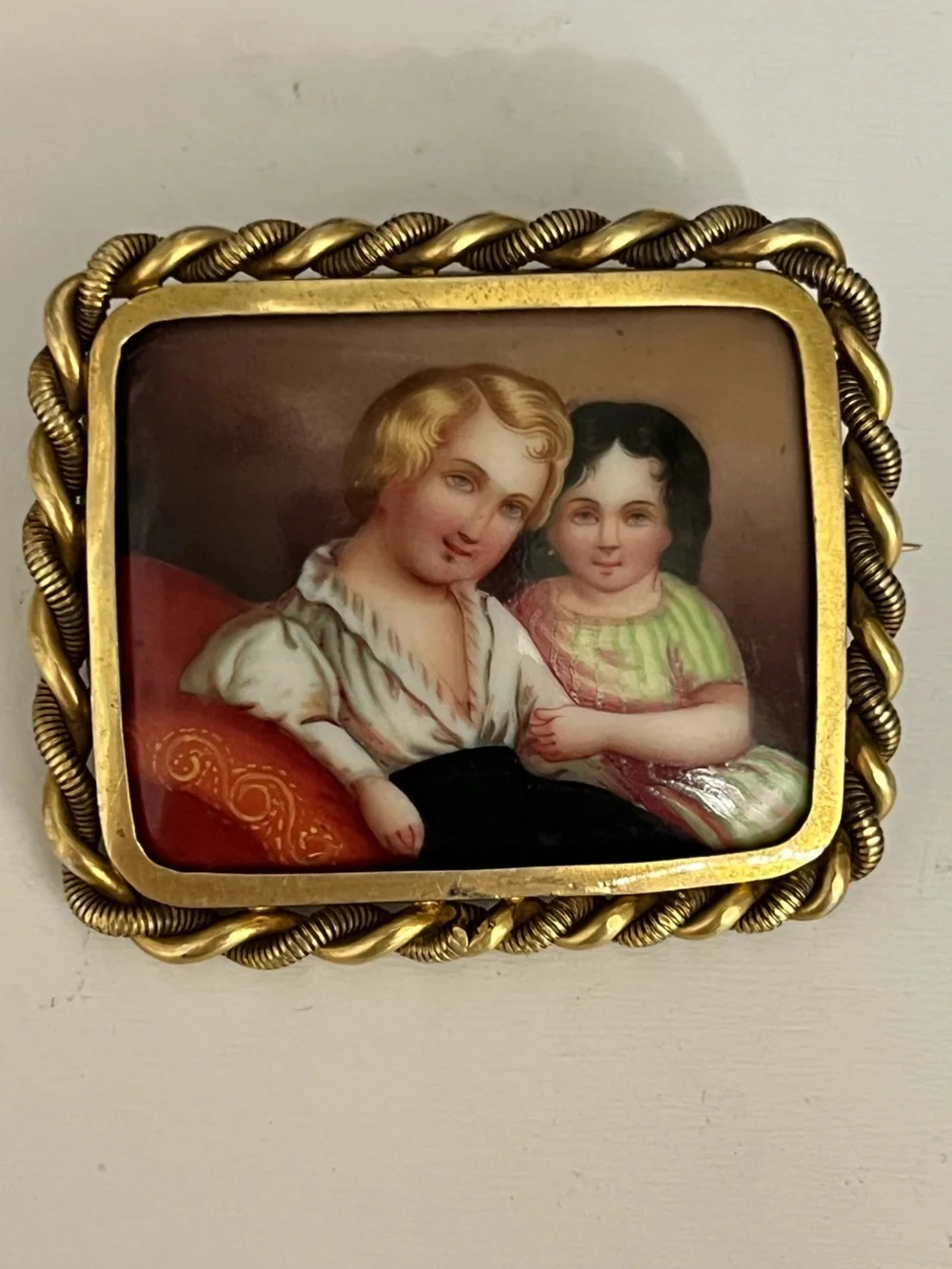 Antique Victorian Gilt Gold-tone Metal Hand Painted Porcelain Plaque Brooch